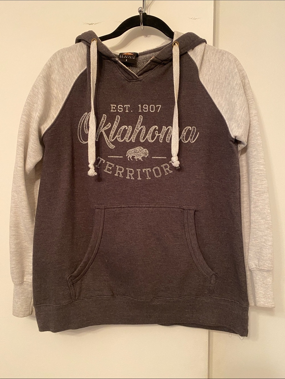Oklahoma Territory Raglan Hoodie in Charcoal and Light Gray